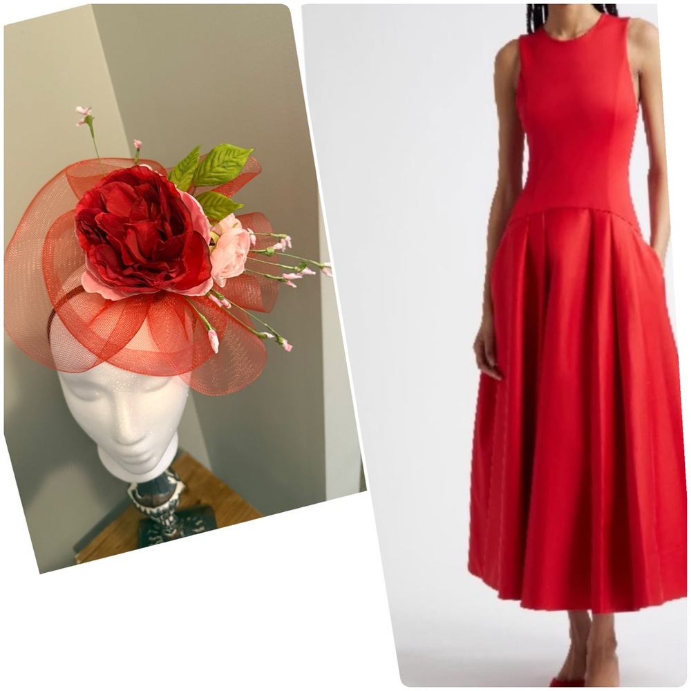 Red Fascinator with pink floral accents